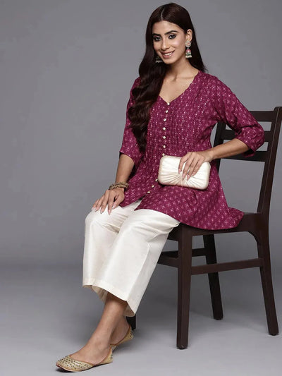 Purple Printed Rayon A-Line Kurti - Libas