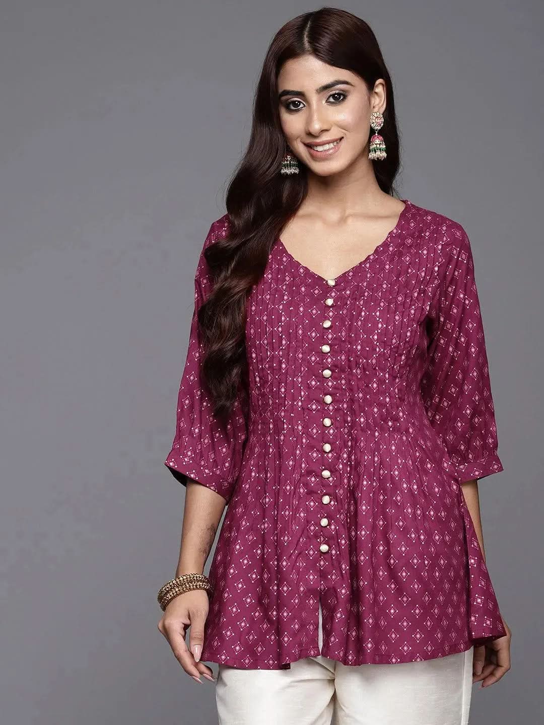 

Purple Printed Rayon A-Line Kurti