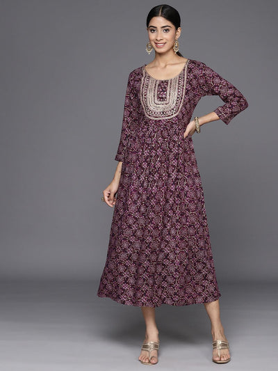 Purple Embellished Rayon Fit and Flare Dress - Libas