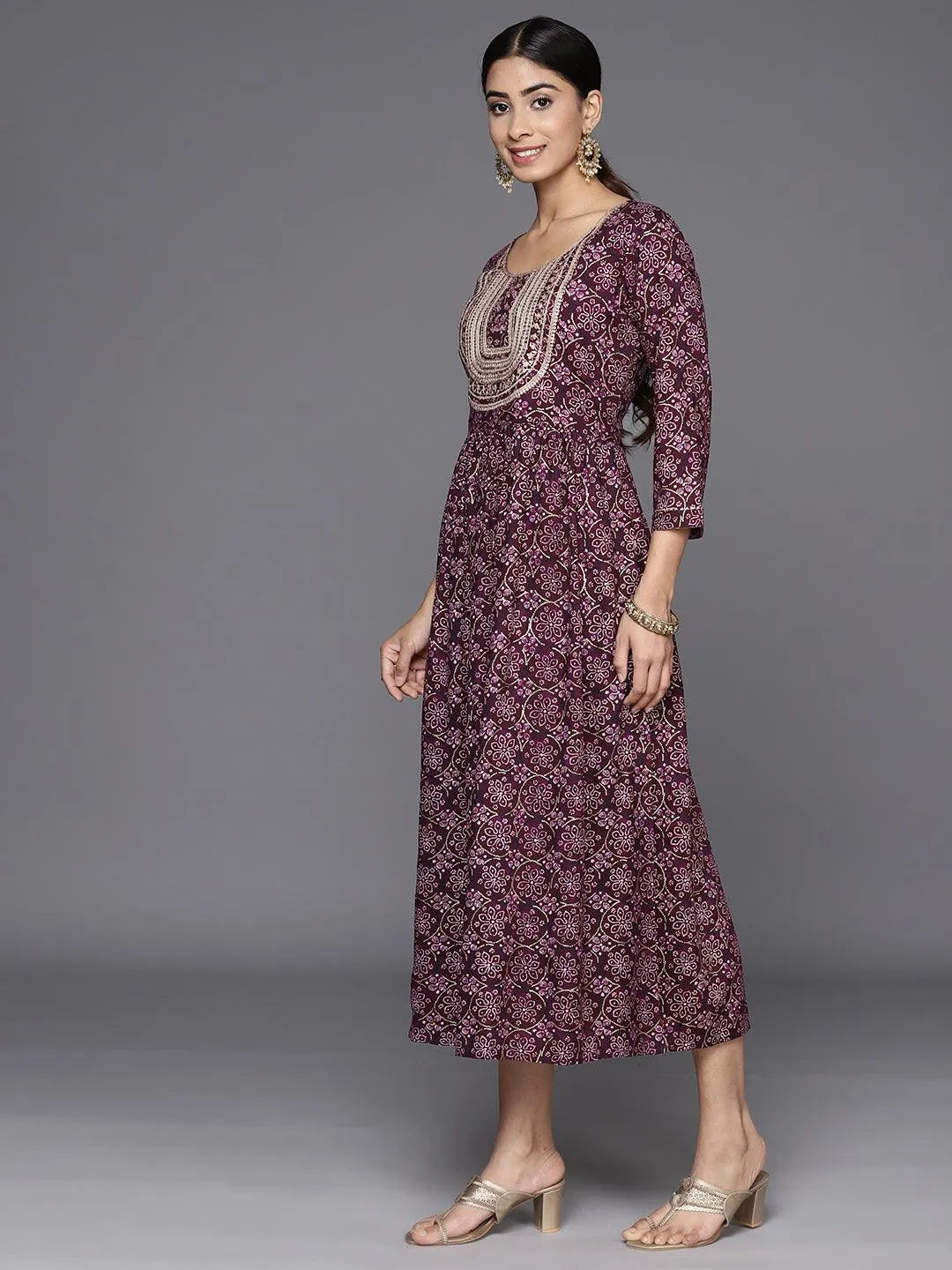 Purple Embellished Rayon Fit and Flare Dress - Libas 