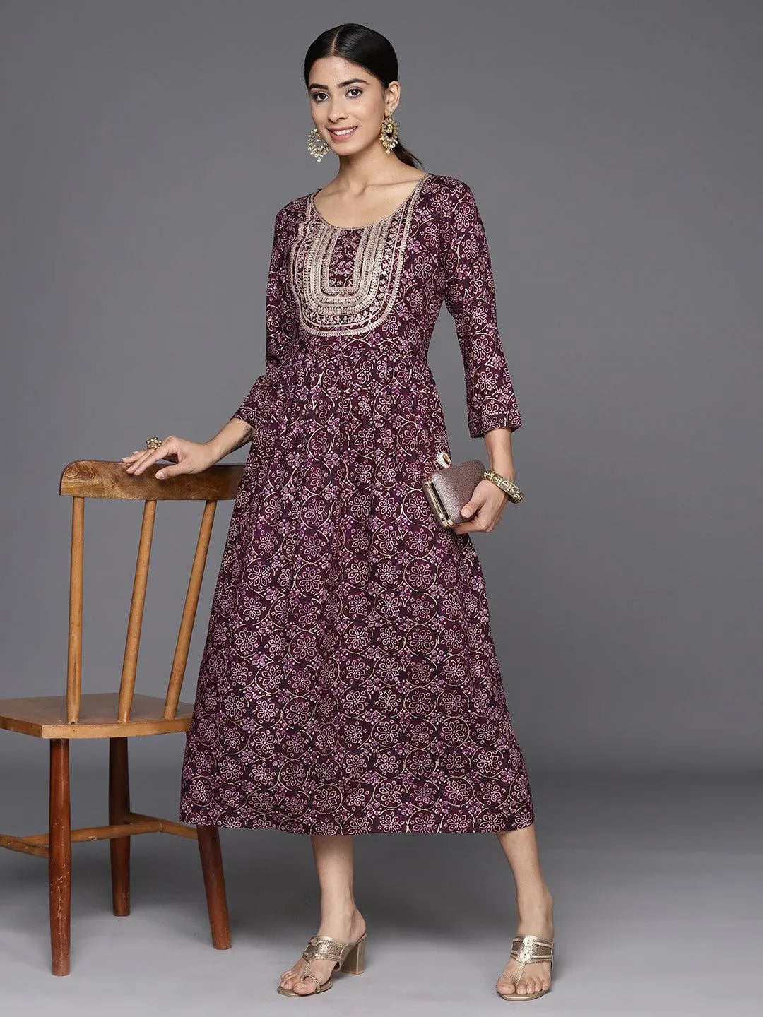 Purple Embellished Rayon Fit and Flare Dress - Libas 