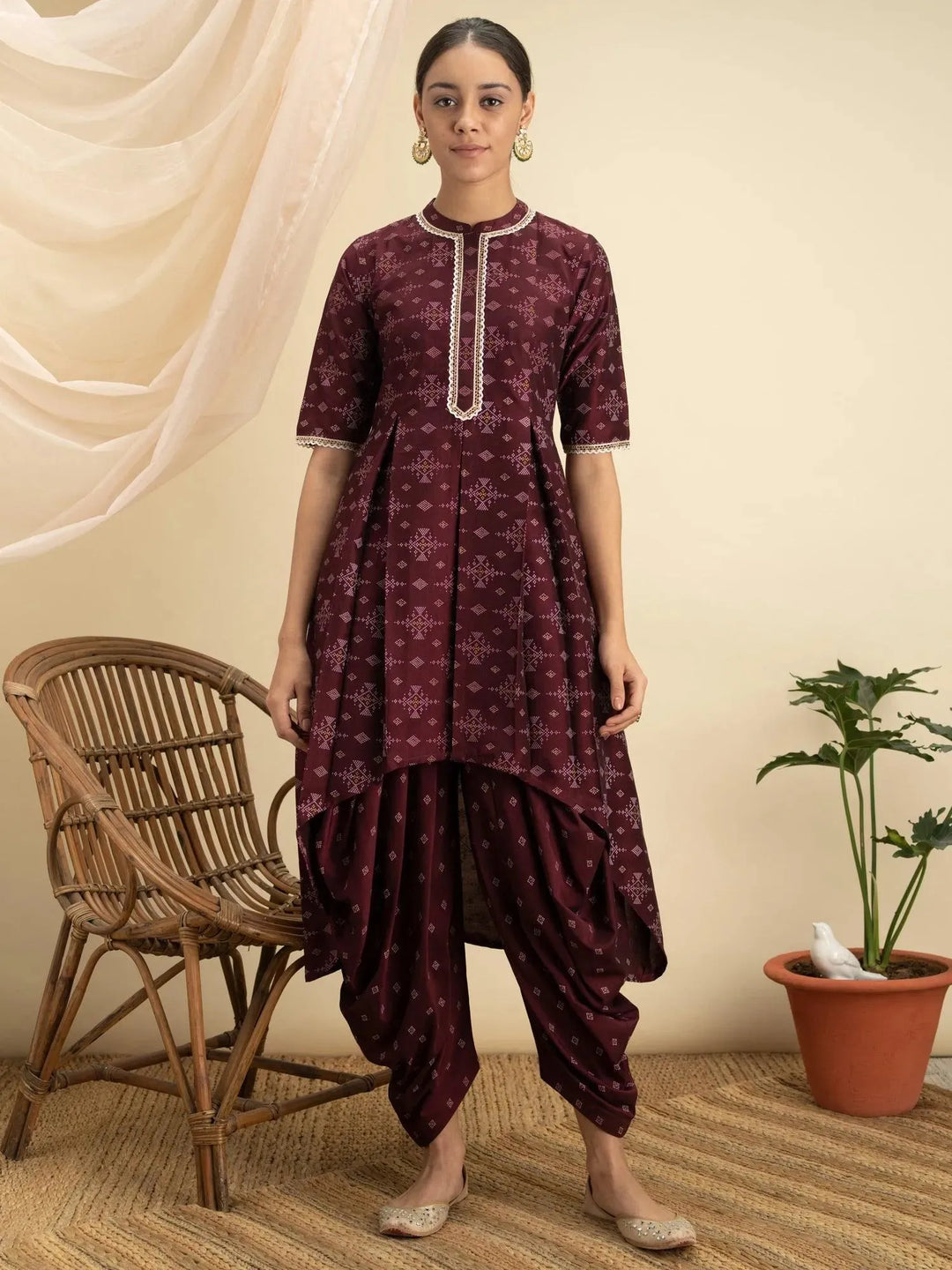 Purple Printed Silk A-Line Kurta Set - Libas