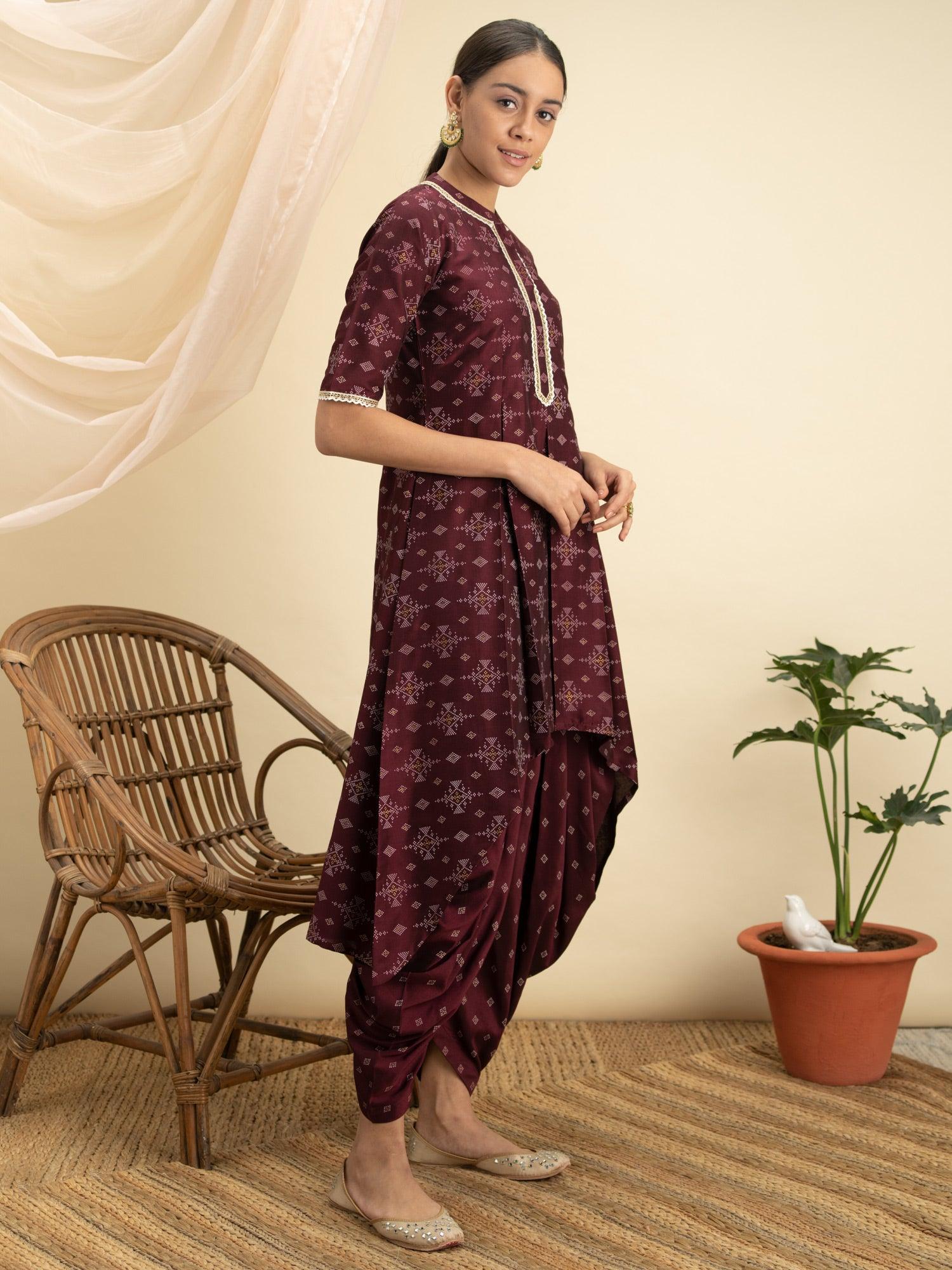 Purple Printed Silk A-Line Kurta With Dhoti Pant