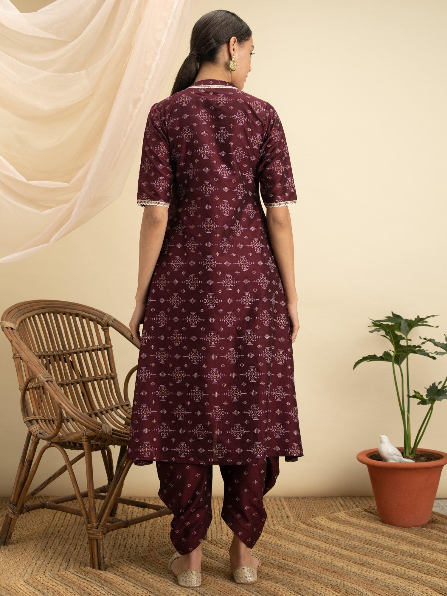 Purple Printed Silk A-Line Kurta With Dhoti Pant