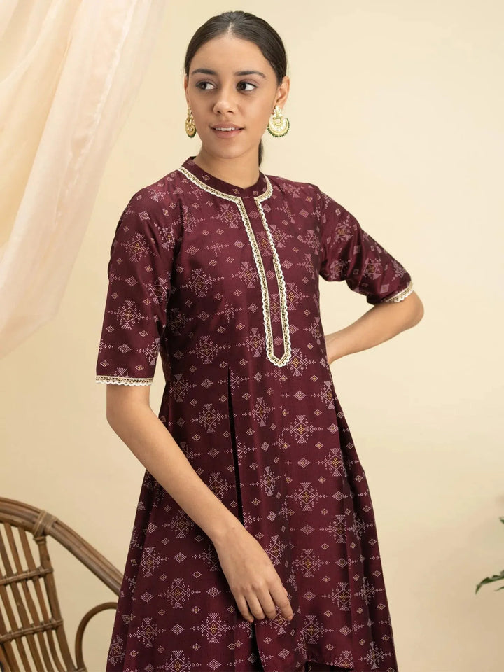 Purple Printed Silk A-Line Kurta Set - Libas