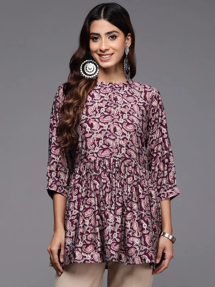 Purple Printed Silk Blend A-Line Kurti - Libas