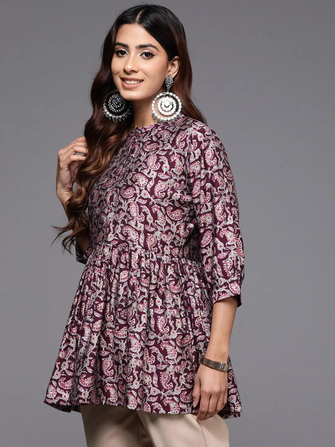 Purple Printed Silk Blend A-Line Kurti - Libas 