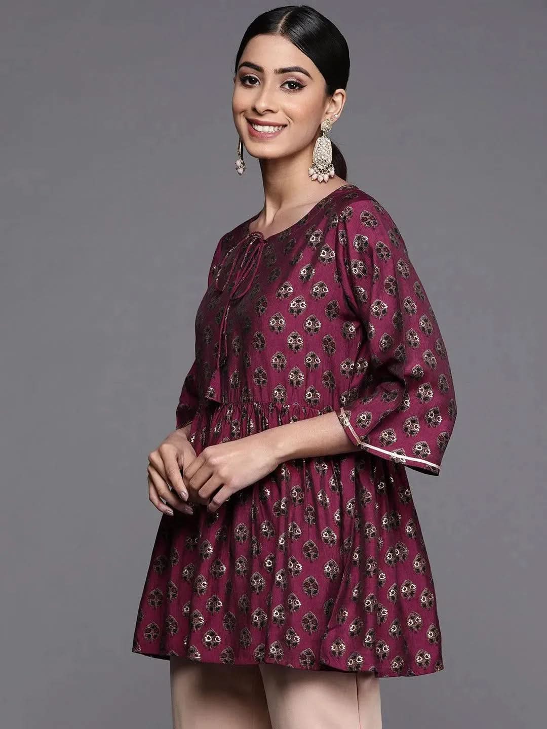 Purple Printed Silk Blend A-Line Kurti - Libas 