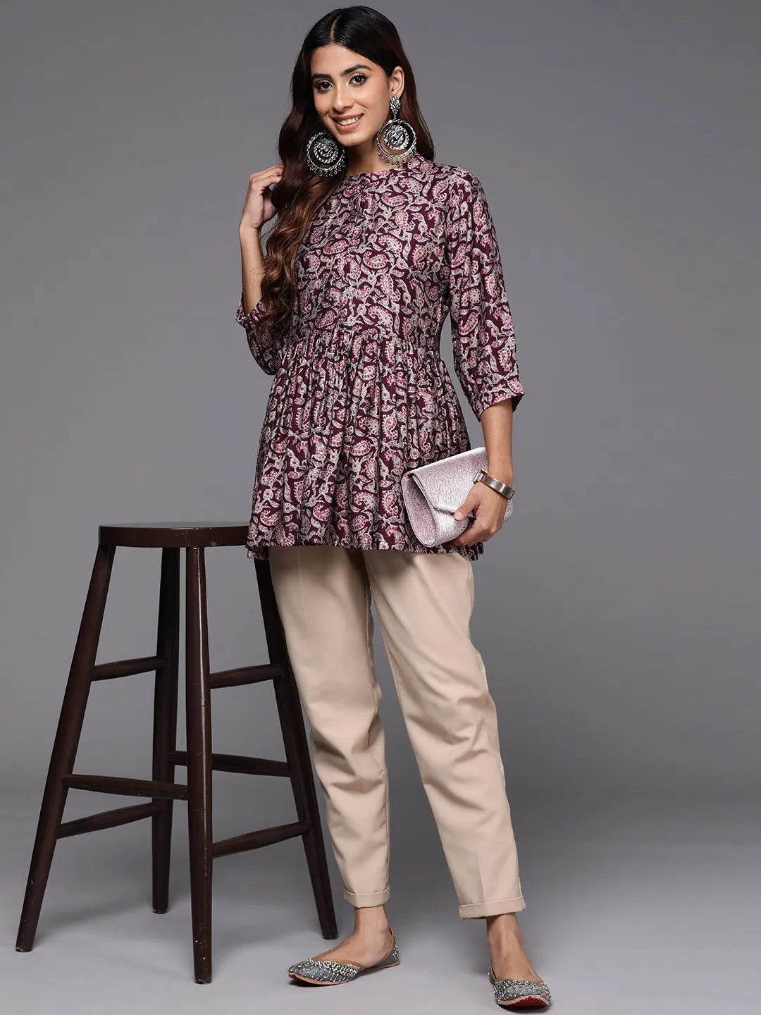 Purple Printed Silk Blend A-Line Kurti - Libas 