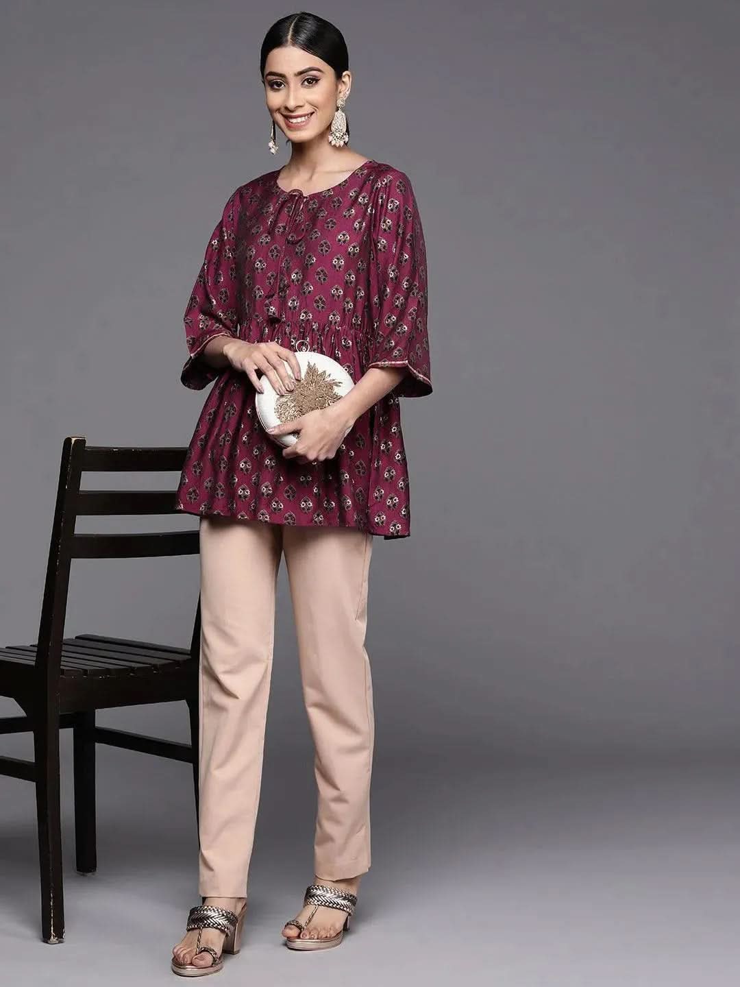 Purple Printed Silk Blend A-Line Kurti - Libas 