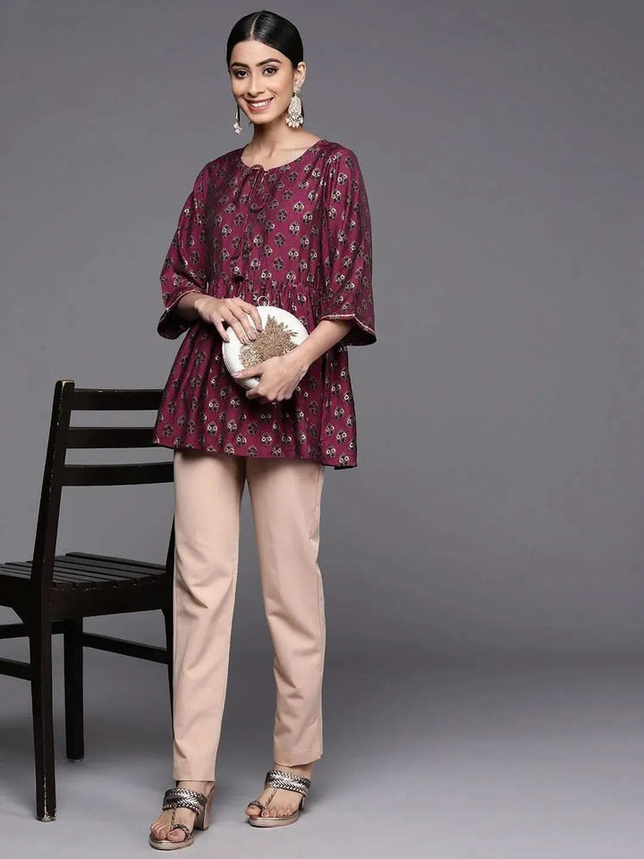 Purple Printed Silk Blend A-Line Kurti - Libas