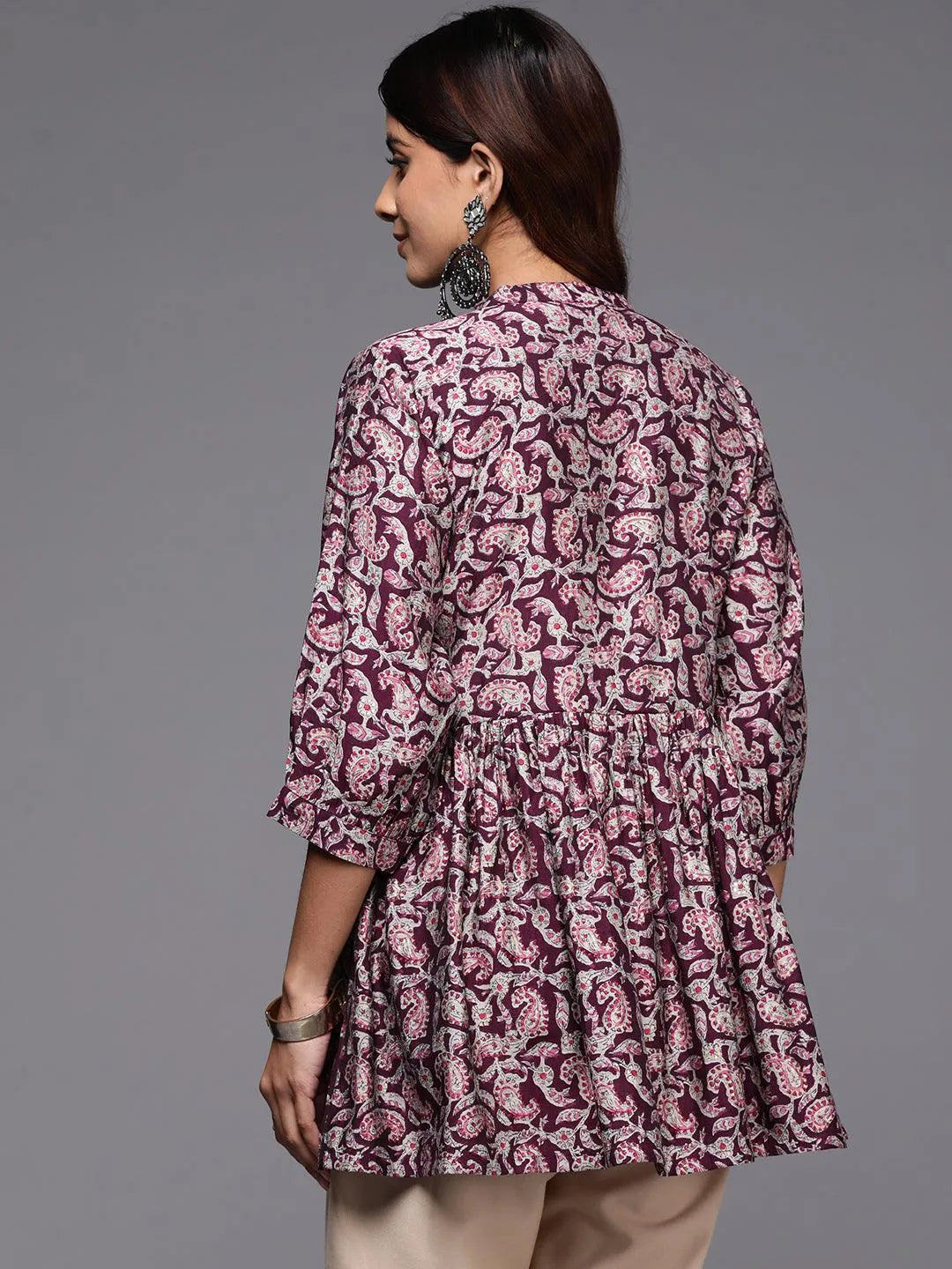 Purple Printed Silk Blend A-Line Kurti - Libas 