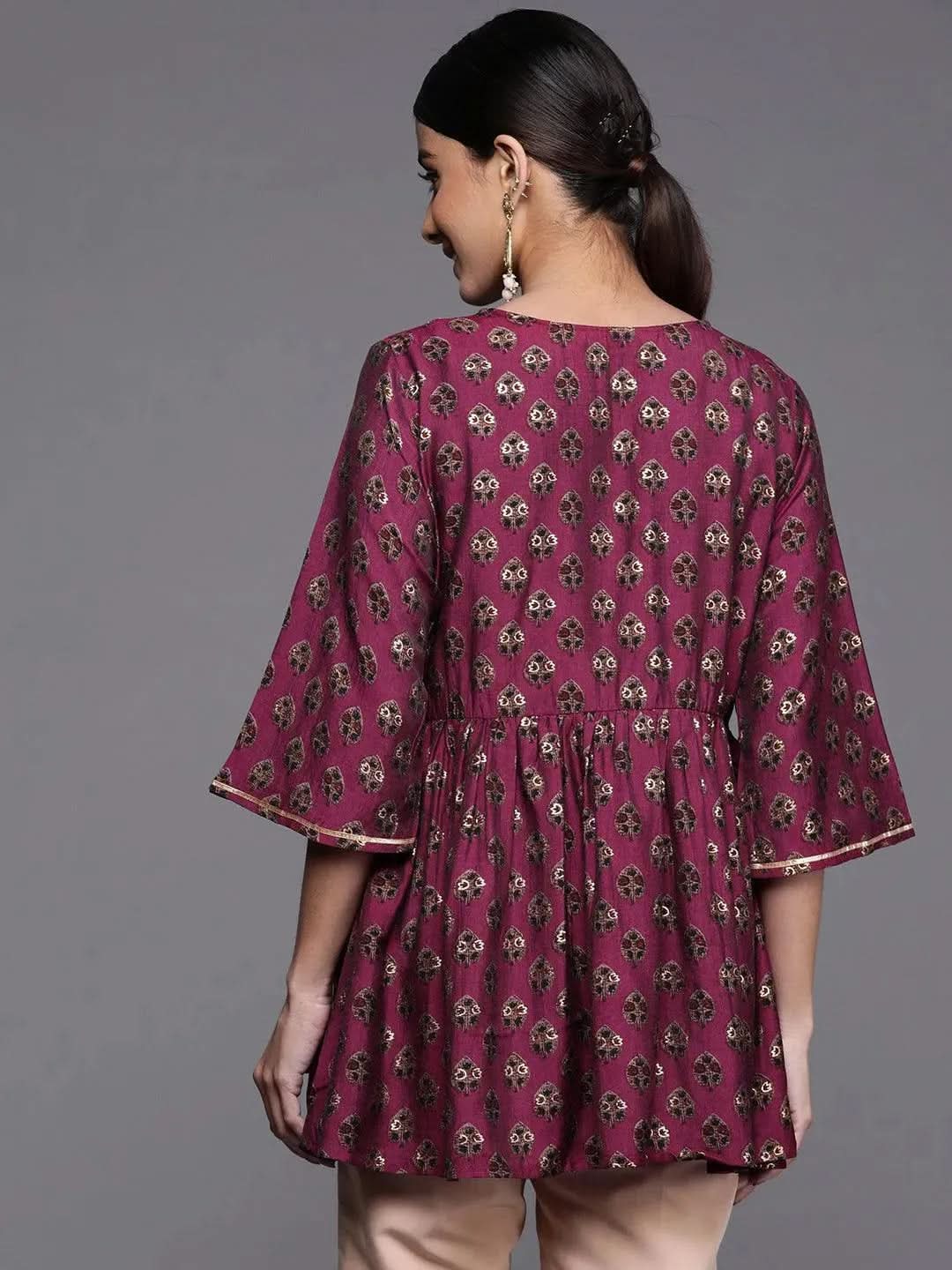 Purple Printed Silk Blend A-Line Kurti - Libas 