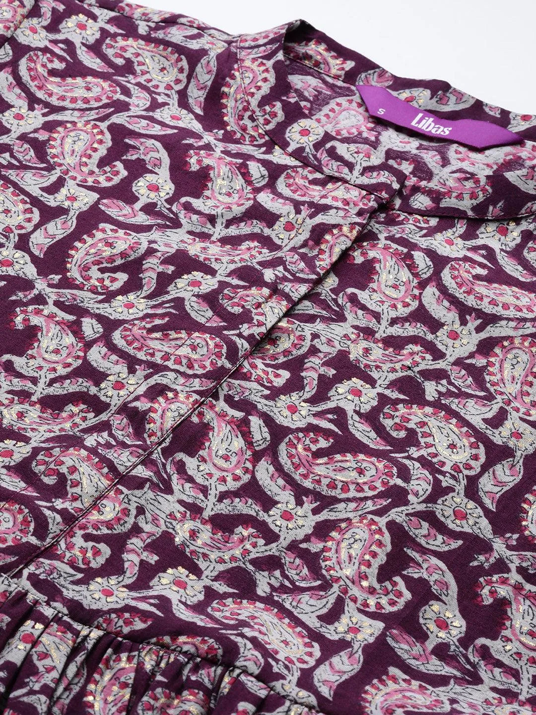 Purple Printed Silk Blend A-Line Kurti - Libas 