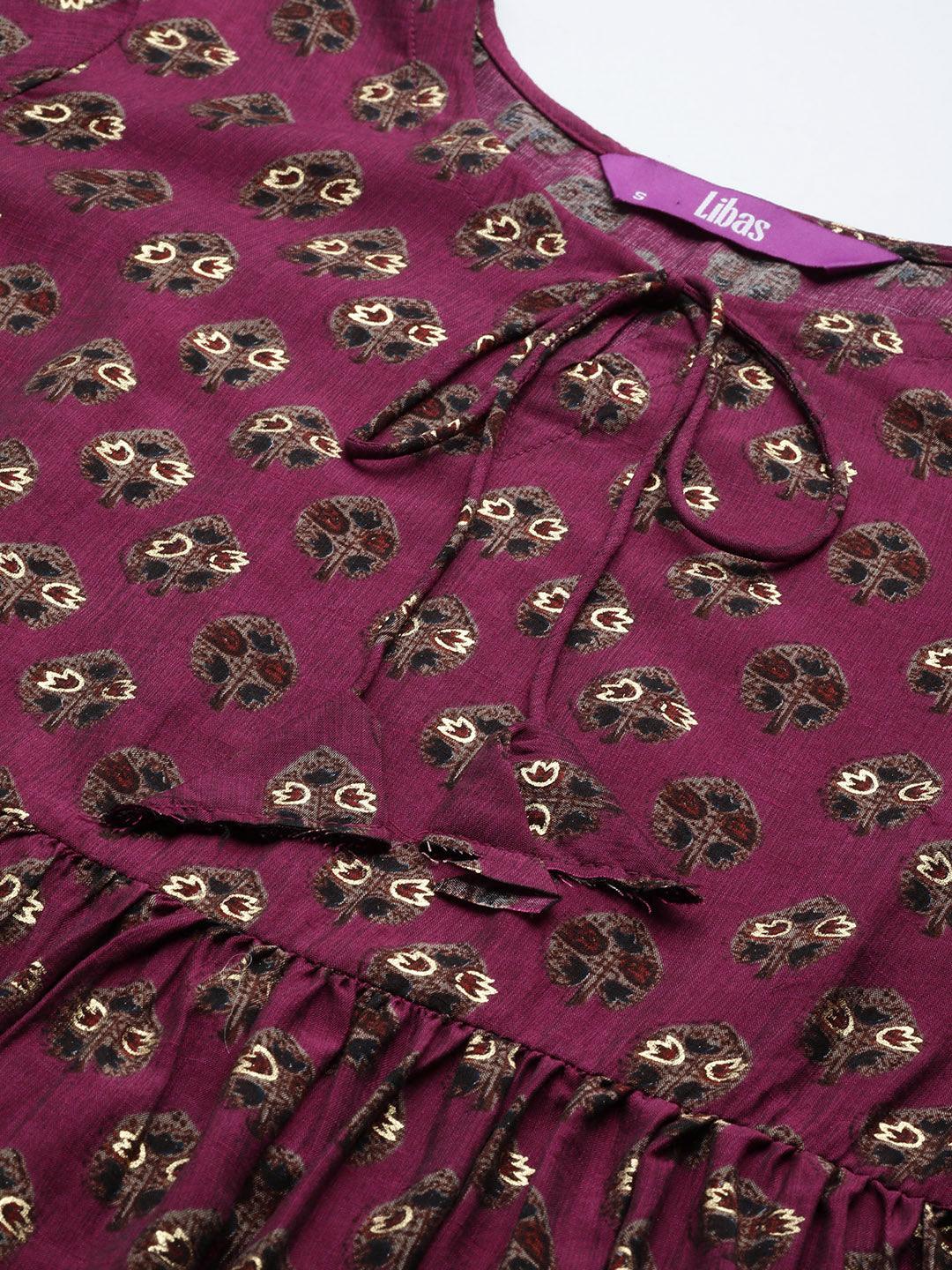 Purple Printed Silk Blend A-Line Kurti
