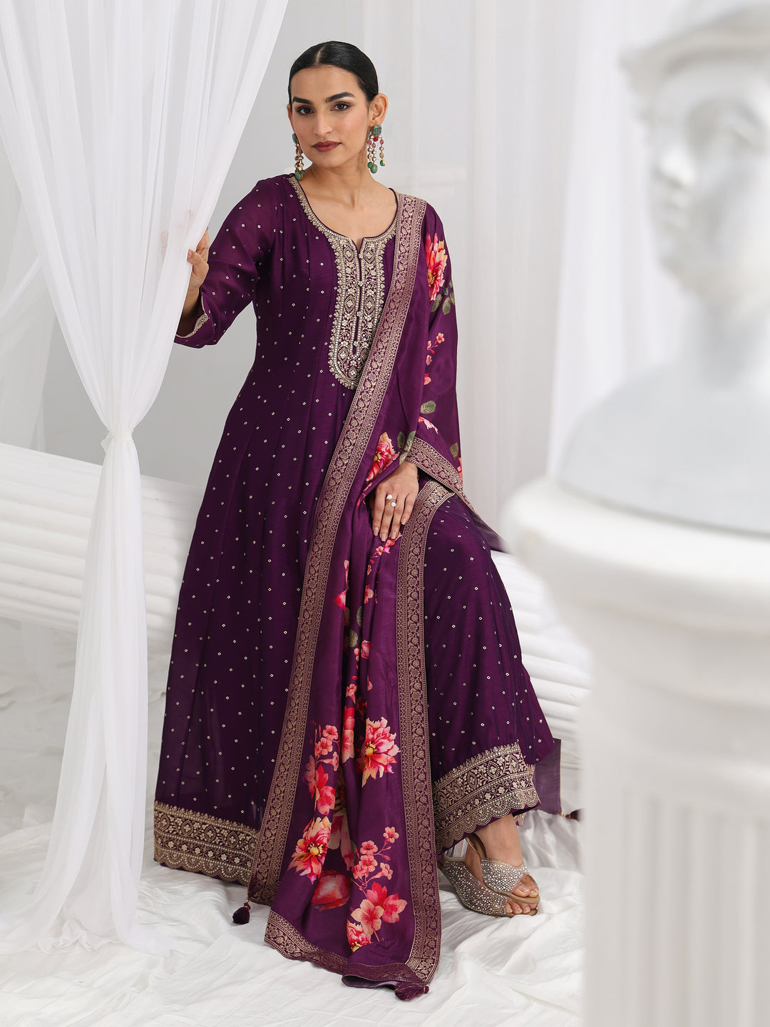 Purple Printed Silk Blend A-Line Suit Set With Dupatta
