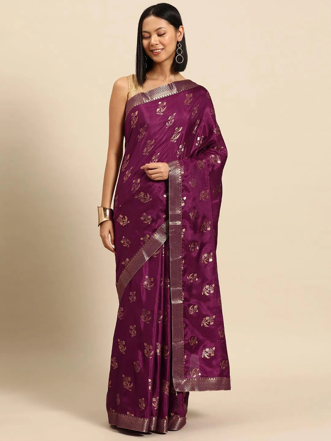 Purple Printed Silk Blend Saree - Libas