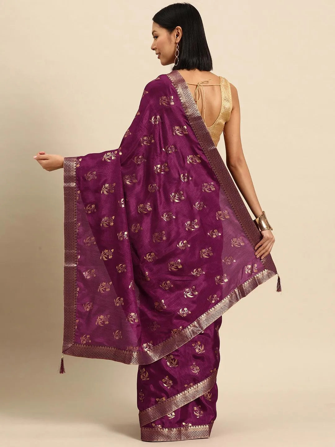 Purple Printed Silk Blend Saree - Libas 