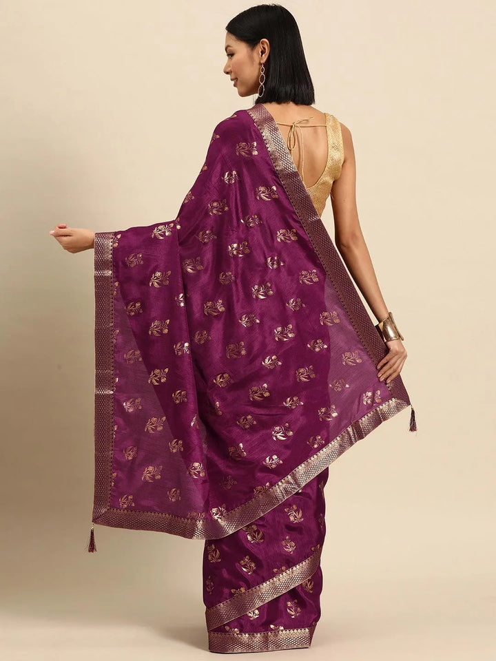 Purple Printed Silk Blend Saree - Libas