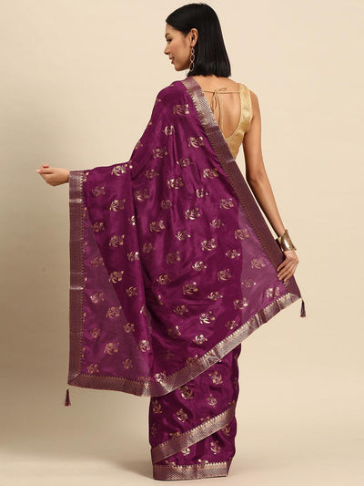 Purple Printed Silk Blend Saree - Libas