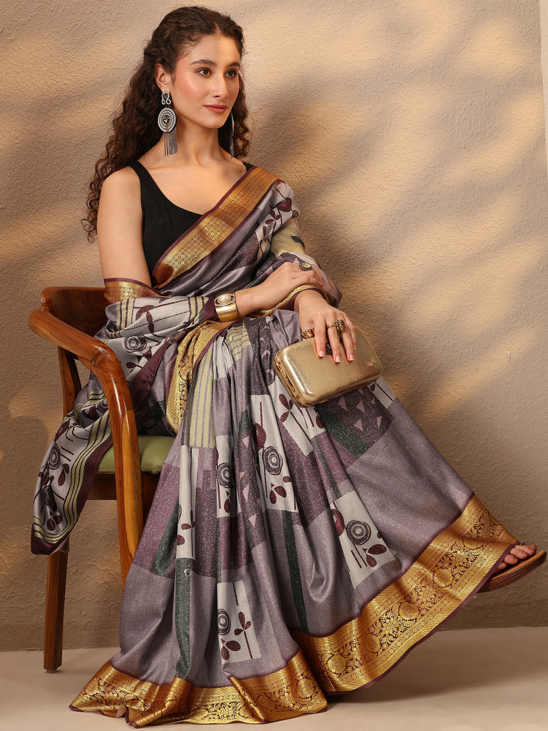 Libas Purple Printed Silk Blend Saree With Unstitched Blouse Piece
