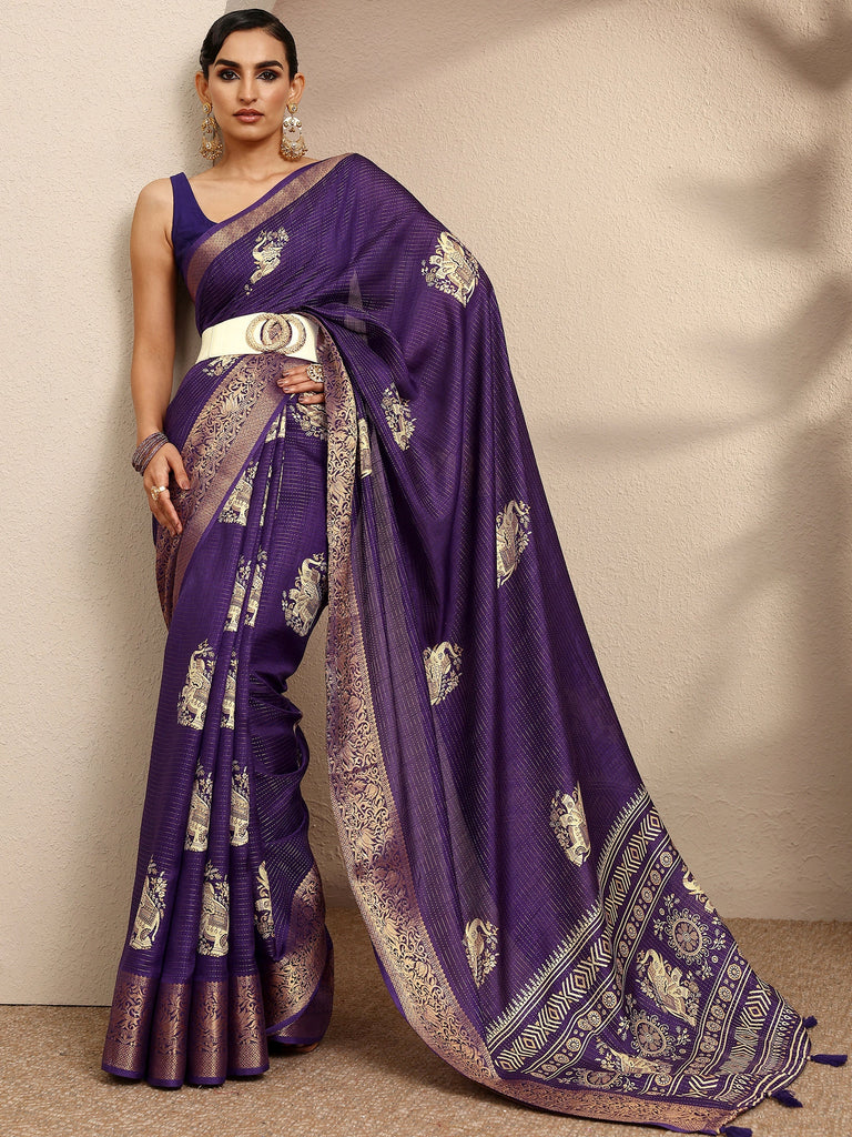 Libas Purple Printed Silk Blend Saree With Unstitched Blouse Piece