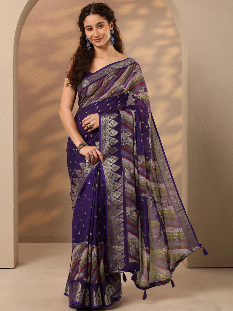 Libas Purple Printed Silk Blend Saree With Unstitched Blouse Piece