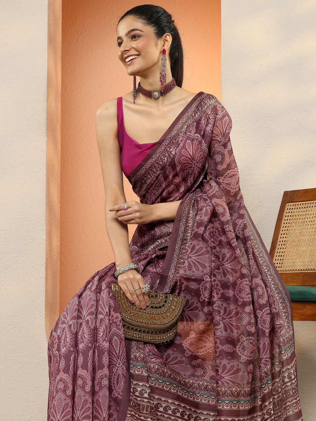 Purple Printed Silk Blend Sarees With Unstitched Blouse Piece