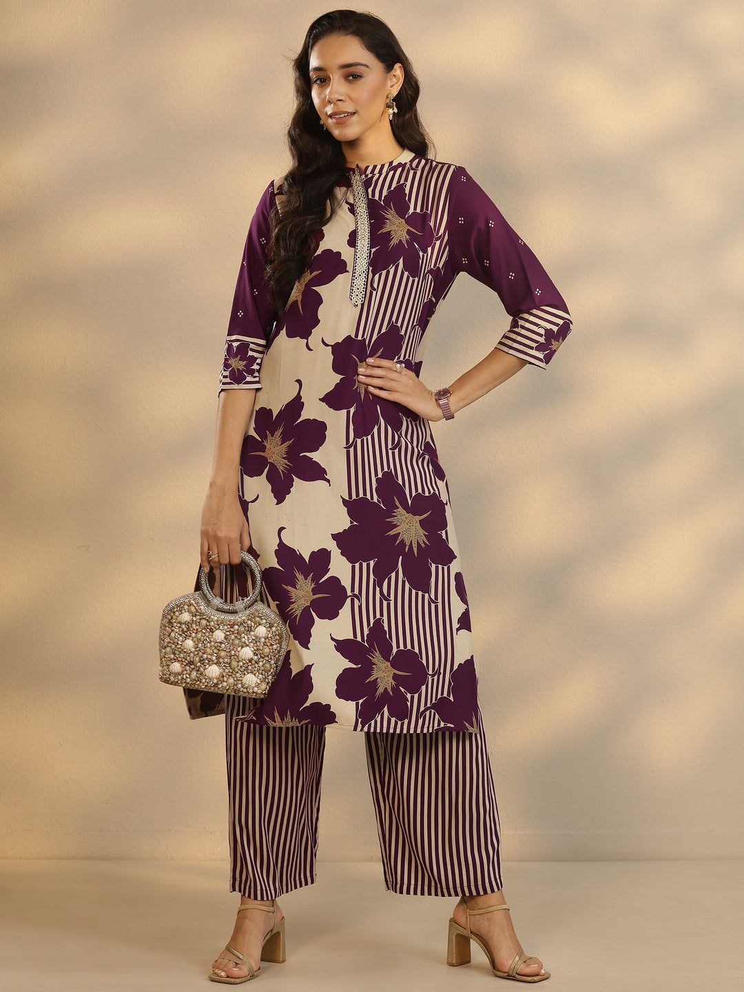  Purple Printed Silk Blend Straight Kurta Set 