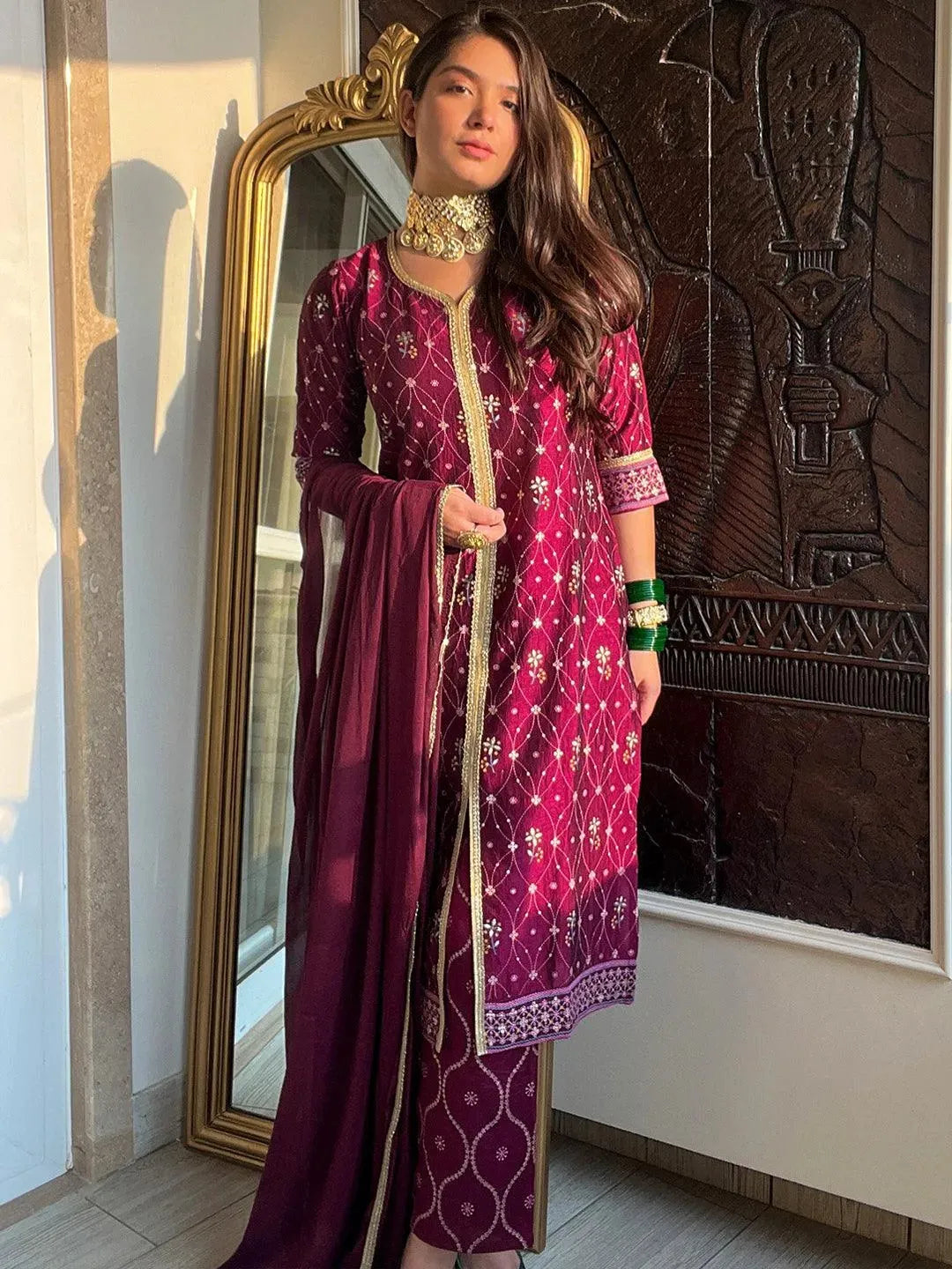 Purple Printed Silk Blend Suit Set - Libas