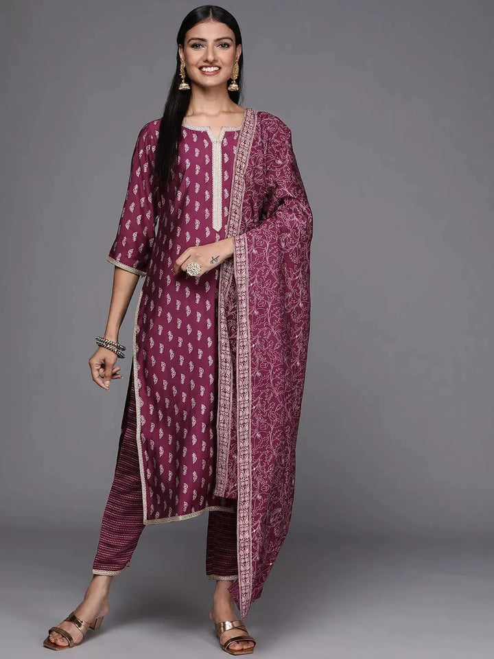 Purple Printed Silk Blend Straight Suit Set - Libas