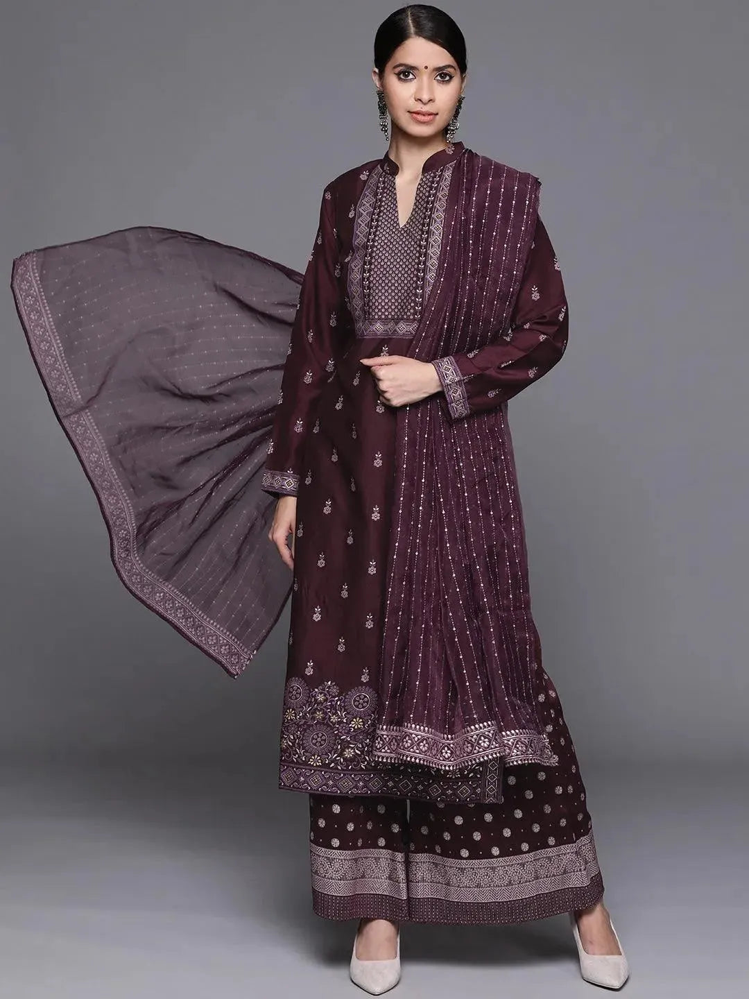 Purple Printed Silk Blend Suit Set - Libas