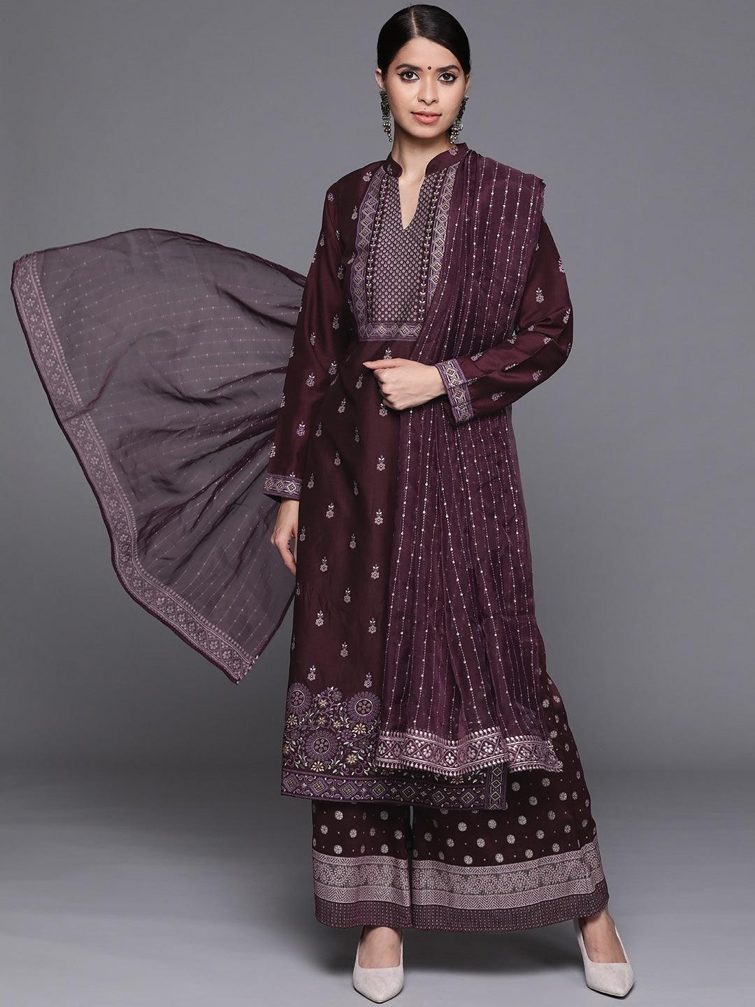 Purple Printed Silk Blend Suit Set - Libas