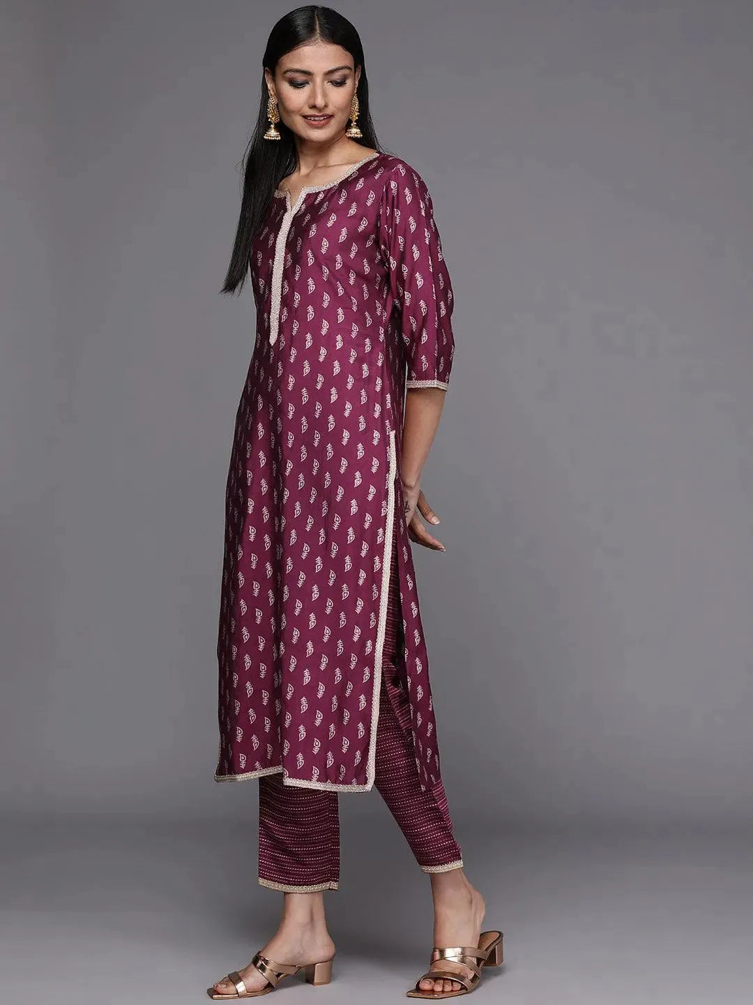 Purple Printed Silk Blend Straight Suit Set - Libas 