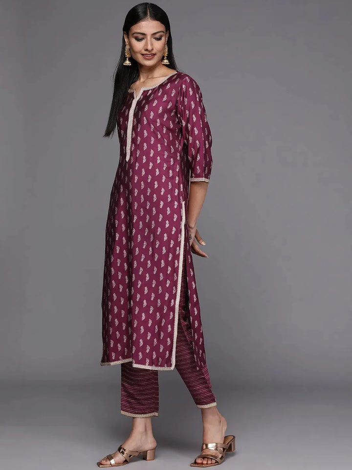 Purple Printed Silk Blend Straight Suit Set - Libas