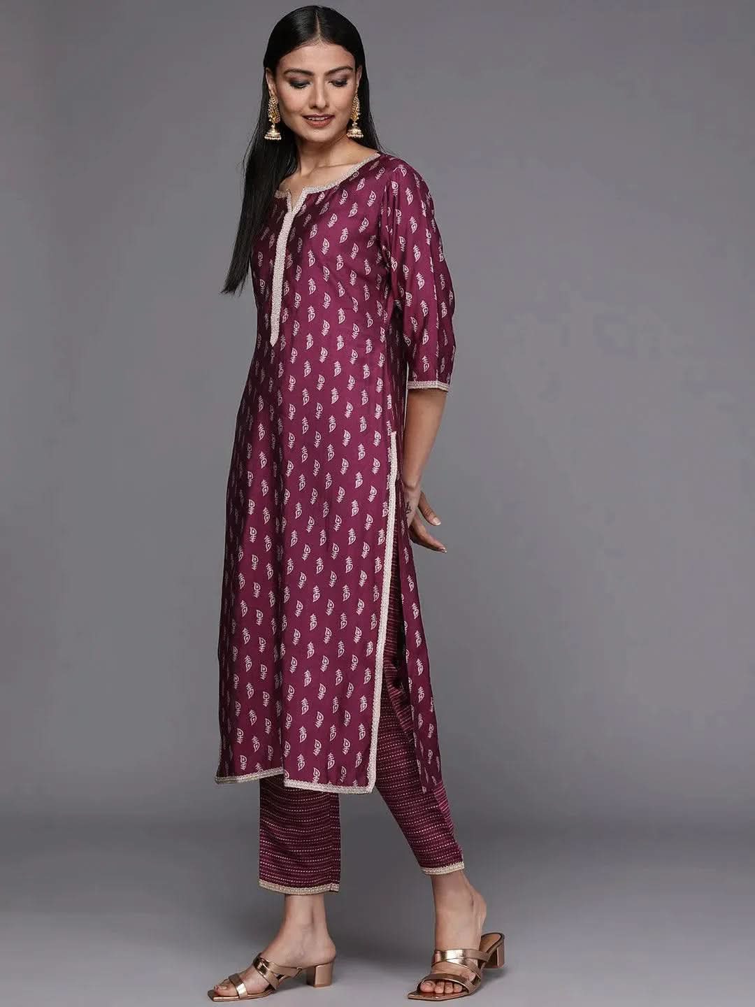 

Purple Printed Silk Blend Straight Kurta With Palazzos & Dupatta