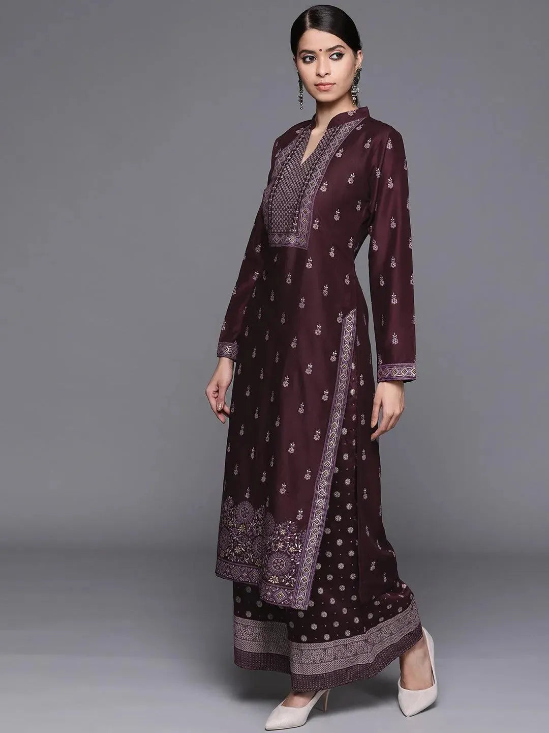 Purple Printed Silk Blend Suit Set - Libas