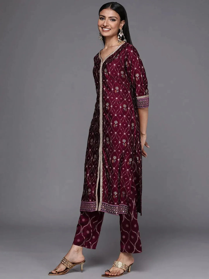 Purple Printed Silk Blend Suit Set - Libas