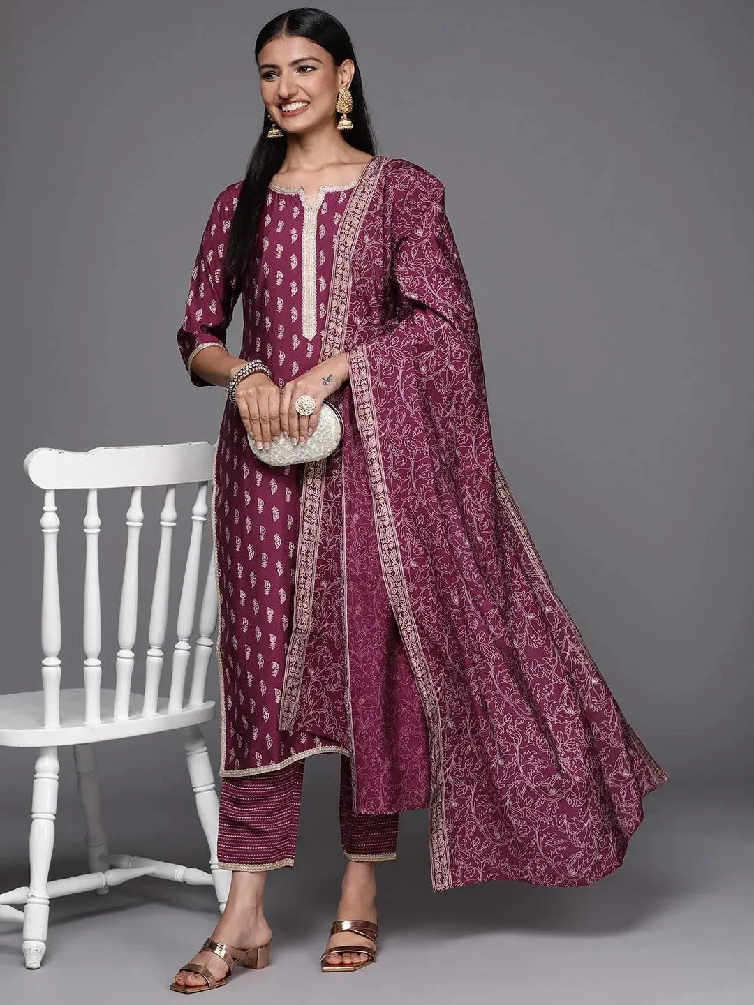 Purple Printed Silk Blend Straight Suit Set - Libas