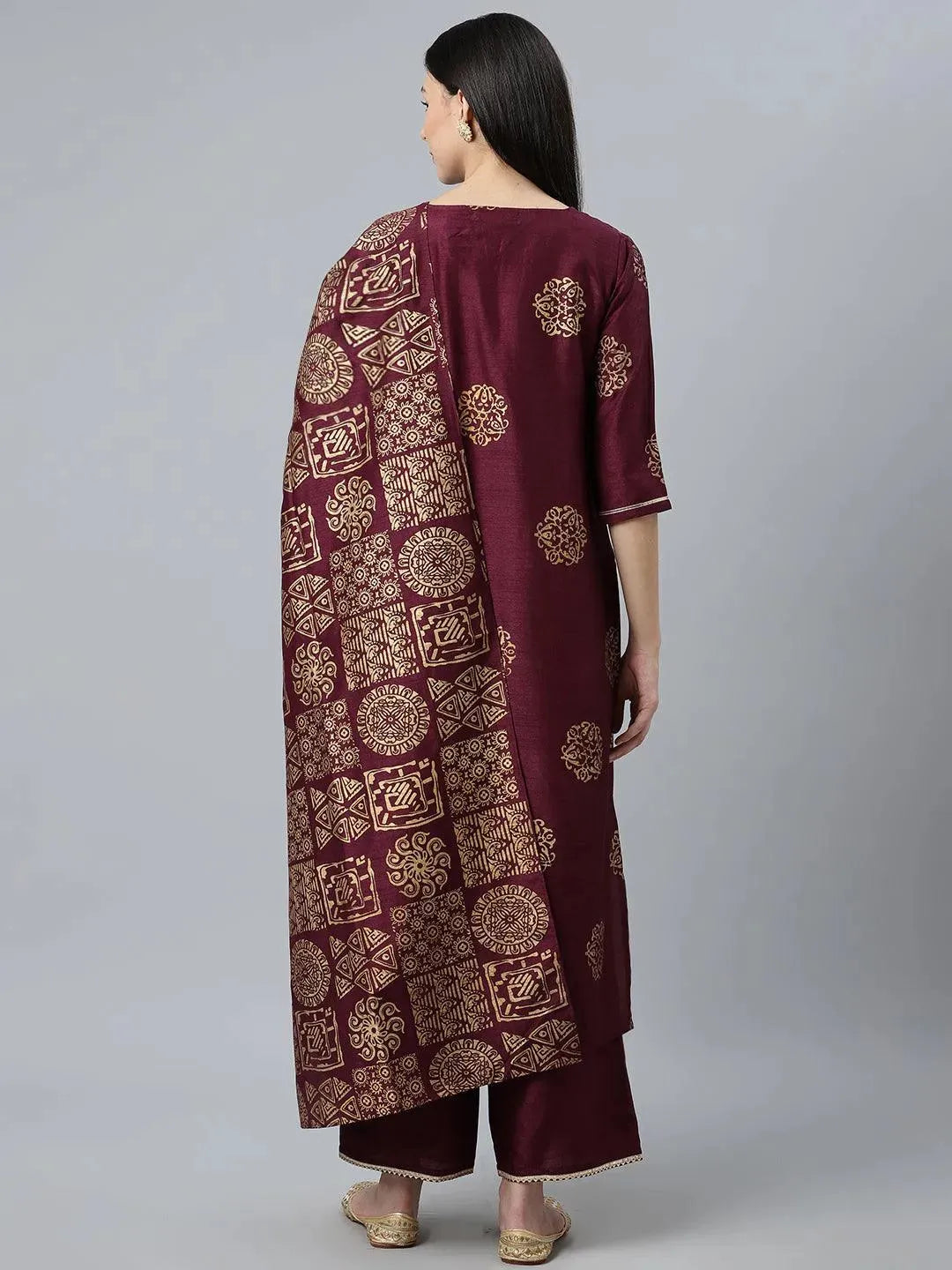 Purple Printed Silk Blend Suit Set - Libas 