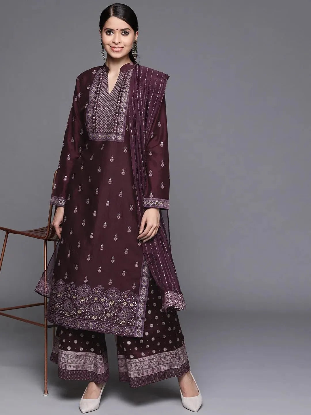 Purple Printed Silk Blend Suit Set - Libas 
