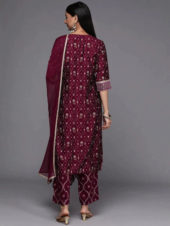 Purple Printed Silk Blend Suit Set - Libas