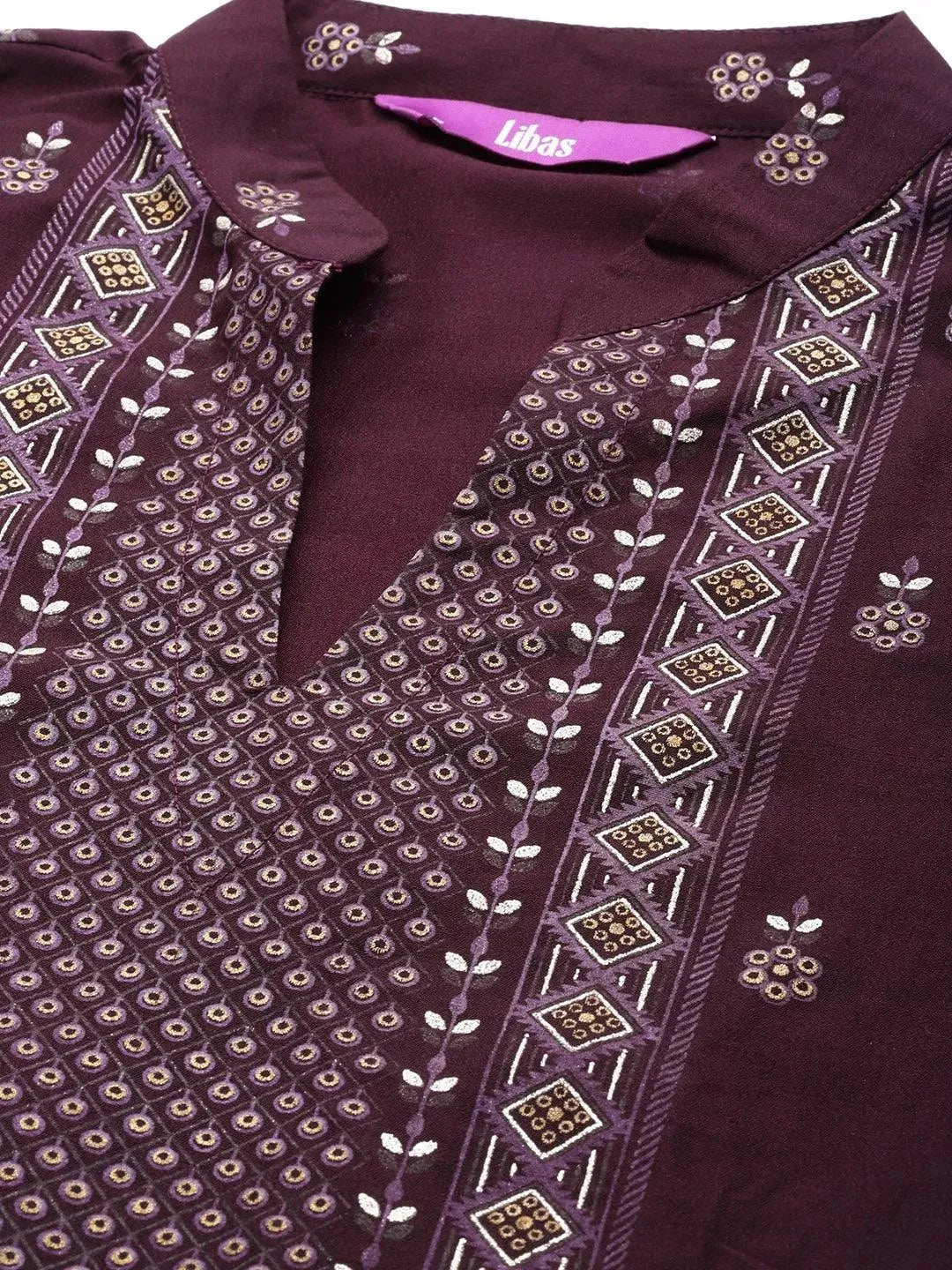 Purple Printed Silk Blend Suit Set - Libas 