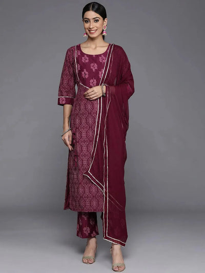 Purple Printed Silk Blend Straight Suit Set With Trousers - Libas