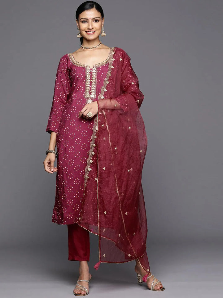 Purple Printed Silk Blend Straight Kurta With Trousers & Dupatta - Libas