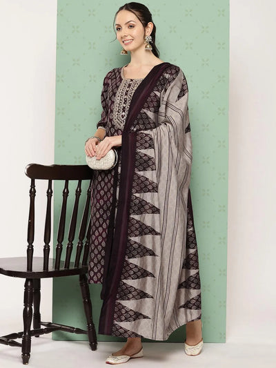 Purple Printed Silk Blend Straight Kurta With Trousers & Dupatta - Libas