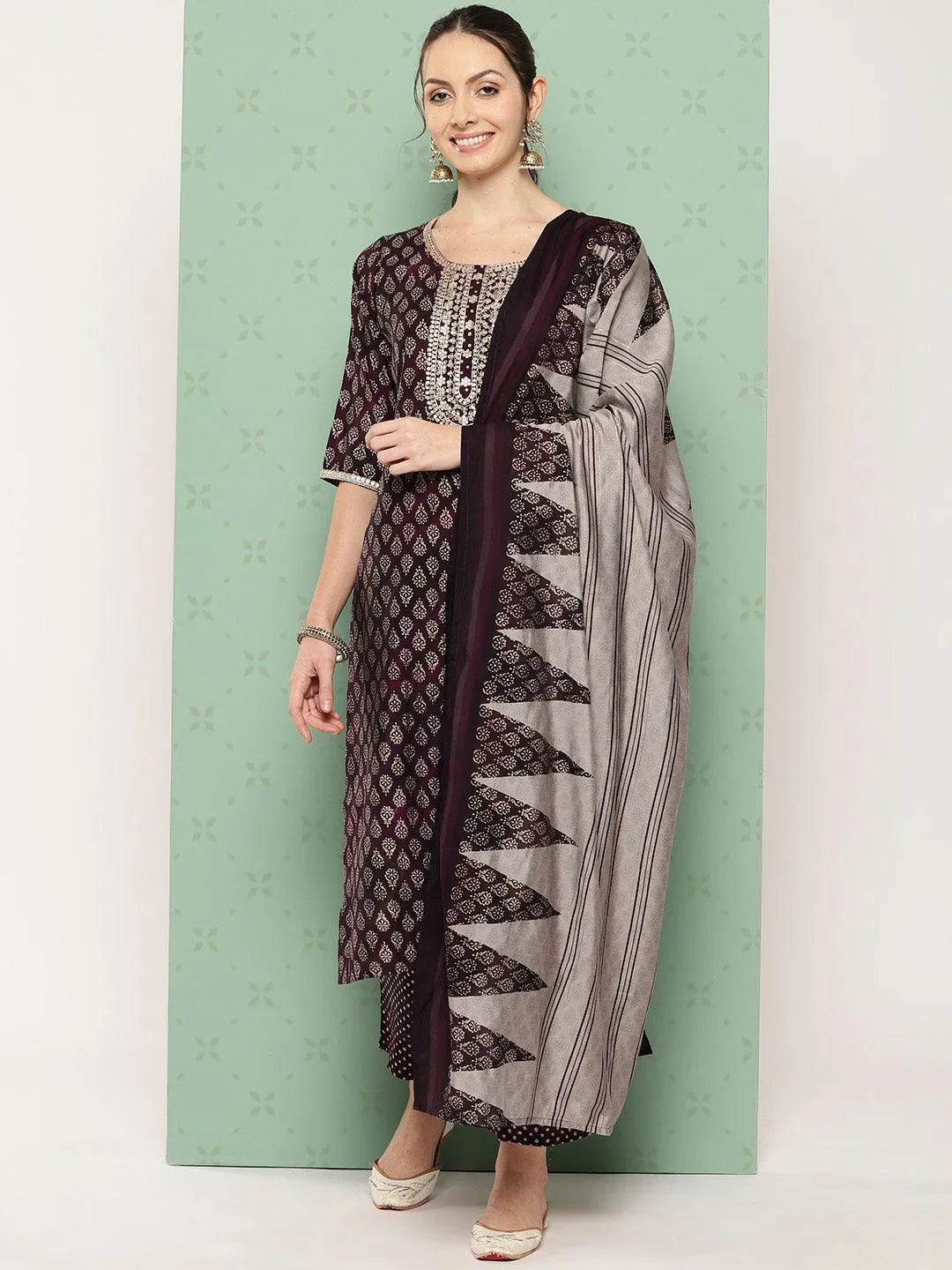Purple Printed Silk Blend Straight Kurta With Trousers & Dupatta - Libas 