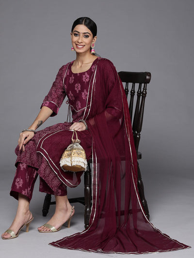 Purple Printed Silk Blend Straight Suit Set With Trousers - Libas