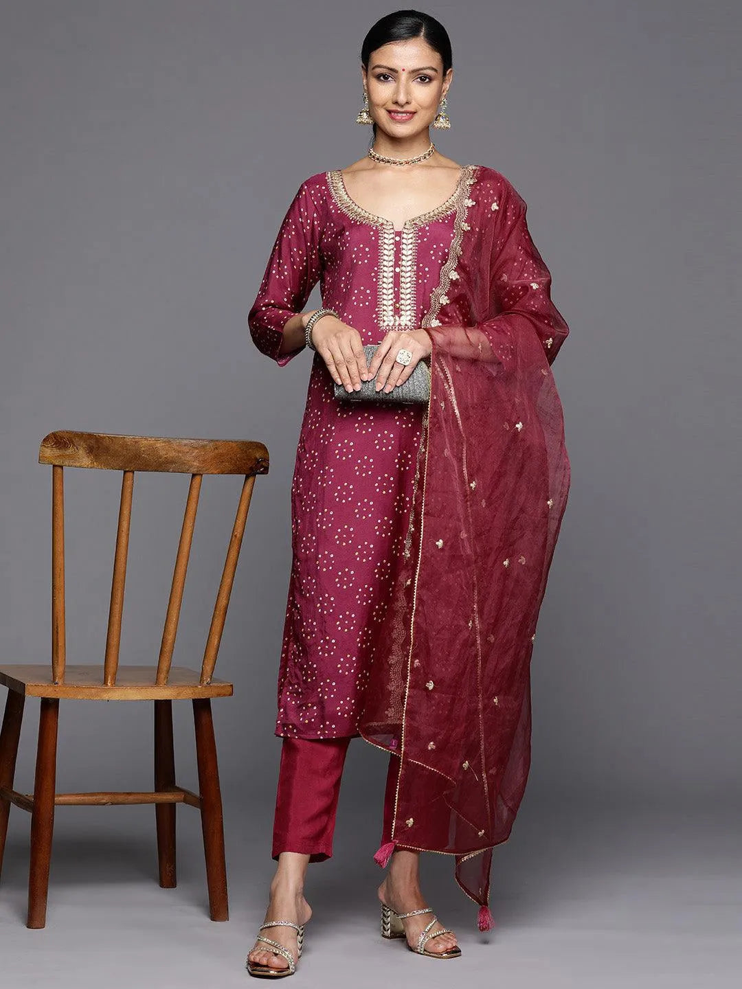 Purple Printed Silk Blend Straight Kurta With Trousers & Dupatta - Libas