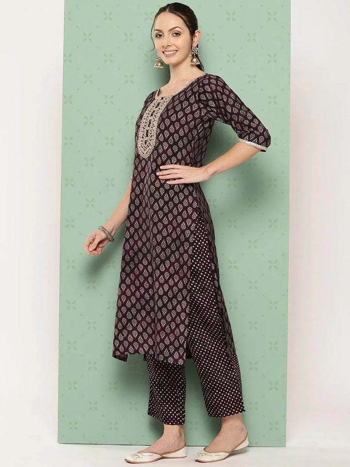 Purple Printed Silk Blend Straight Kurta With Trousers & Dupatta - Libas